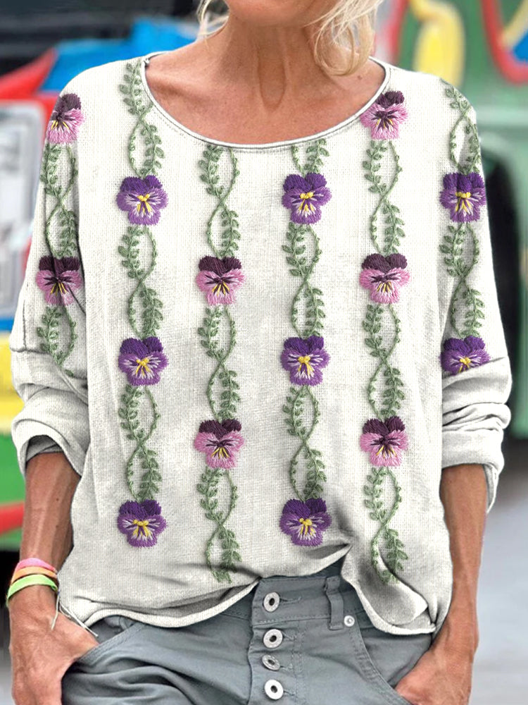 Comstylish Women's Purple Pansy Floral Embroidered Long Sleeve T-shirt