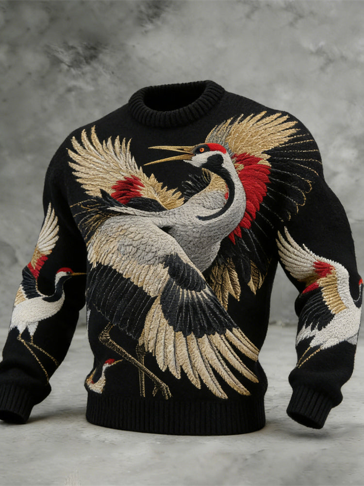 Japanese Crane Pattern Men's Cozy Sweater elevenforest
