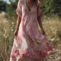 Vintage Boho Pink Roses Glitter Lace Flowy Linen Maxi Dress elevenforest