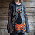 Comstylish Halloween Cat In A Witch Hat & Pumpkin Lady Knit Hooded Sweater