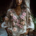 Ladies' Vintage Retro Casual Long-sleeved Top With Embroidered Flowers elevenforest