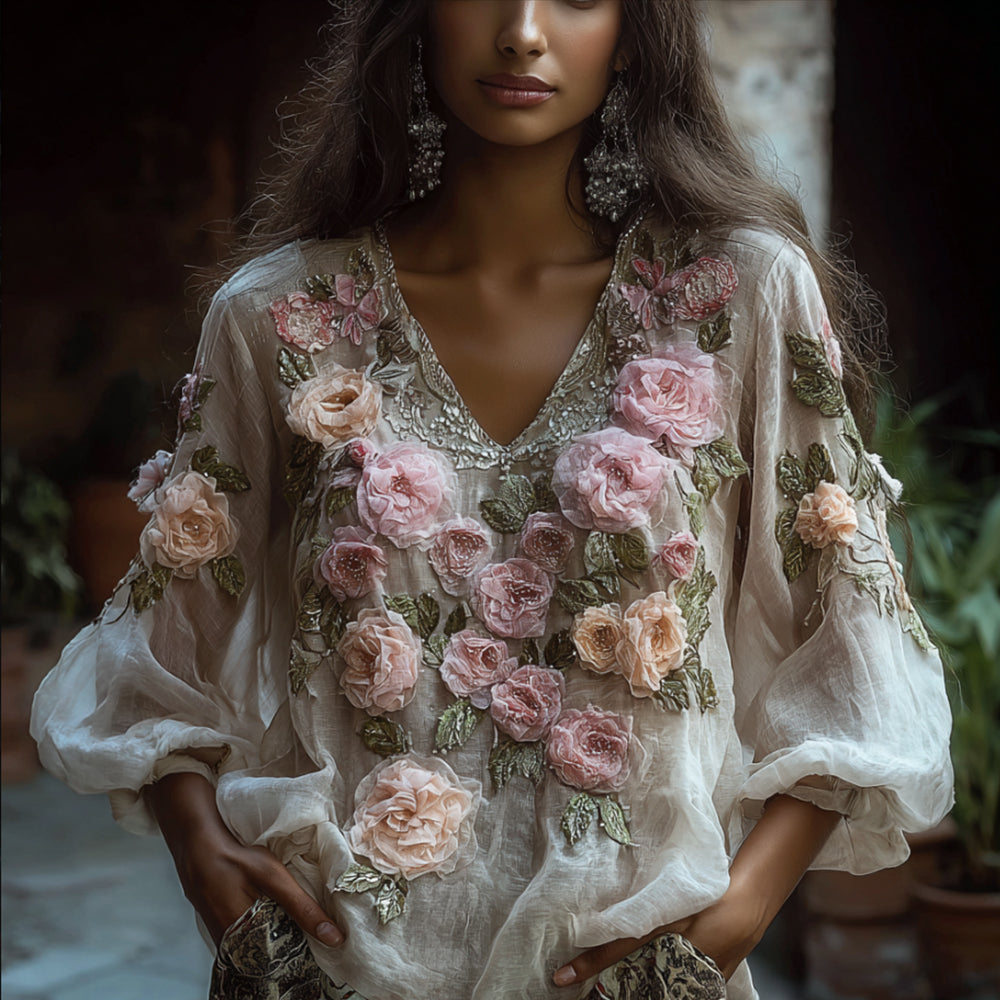Ladies' Vintage Retro Casual Long-sleeved Top With Embroidered Flowers elevenforest