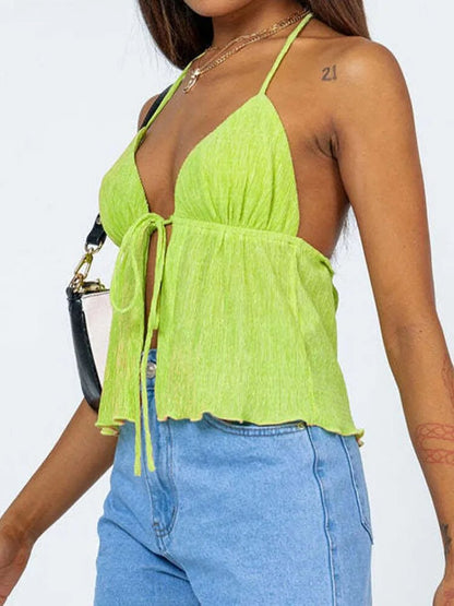 Halterneck Crop Tops Summer Color Bandage Open Front Backless Sleeveless Green Tops Y2k