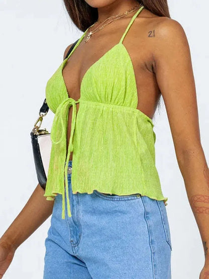Halterneck Crop Tops Summer Color Bandage Open Front Backless Sleeveless Green Tops Y2k