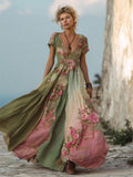 Vintage Pink Roses Gradient Patchwork Flowy Linen Maxi Dress elevenforest