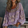 Women's Floral Embroidered Art Print Flowy Linen Blend Casual Tops elevenforest