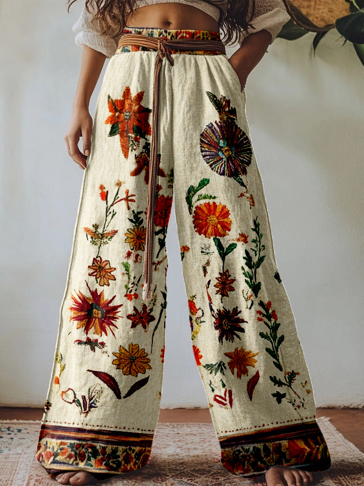 Vintage Floral Embroidered Linen Blend Comfy Pants elevenforest