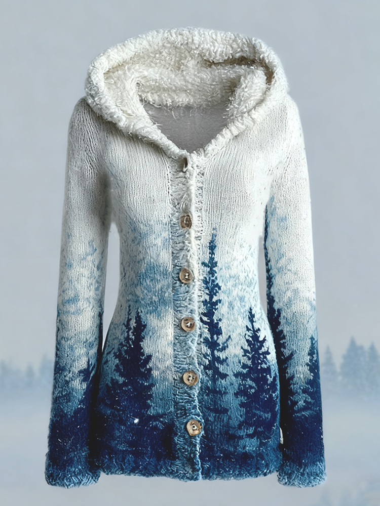 Comstylish Women's Winter Snow And Ice Forest Design Hooded Knitted Sweater Coat