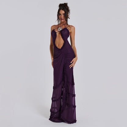 Noble Furry Halter Sleeveless Hollow Dress Camisole Shrunk Split Wave Cut Dress Prom Occasion Evening Gown