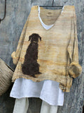 Comstylish Loyal Waiting Dog Back View Painting Linen Blend Tunic