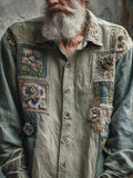 Boho Vintage Floral Patchwork Art Men's Linen Long Sleeve Shirt elevenforest