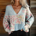 Comstylish Women's Floral Patchwork Print Casual V-Neck Pullover Sweater
