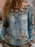Women's Pink Floral Denim-textured Long-sleeved Round-neck Top elevenforest