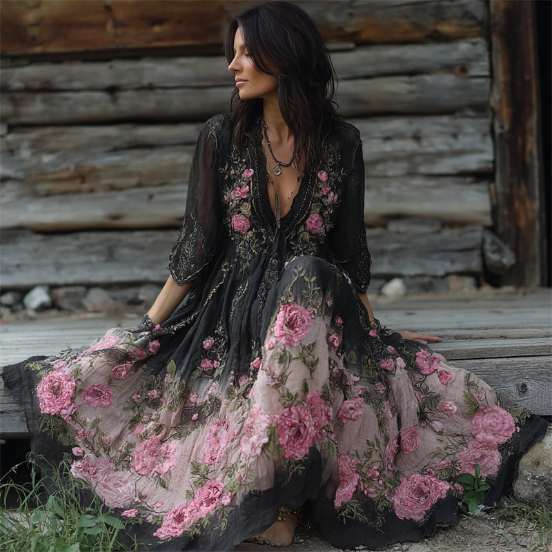 Boho Pink Floral Embroidered Black Lace Gradient Flowy Maxi Dress elevenforest