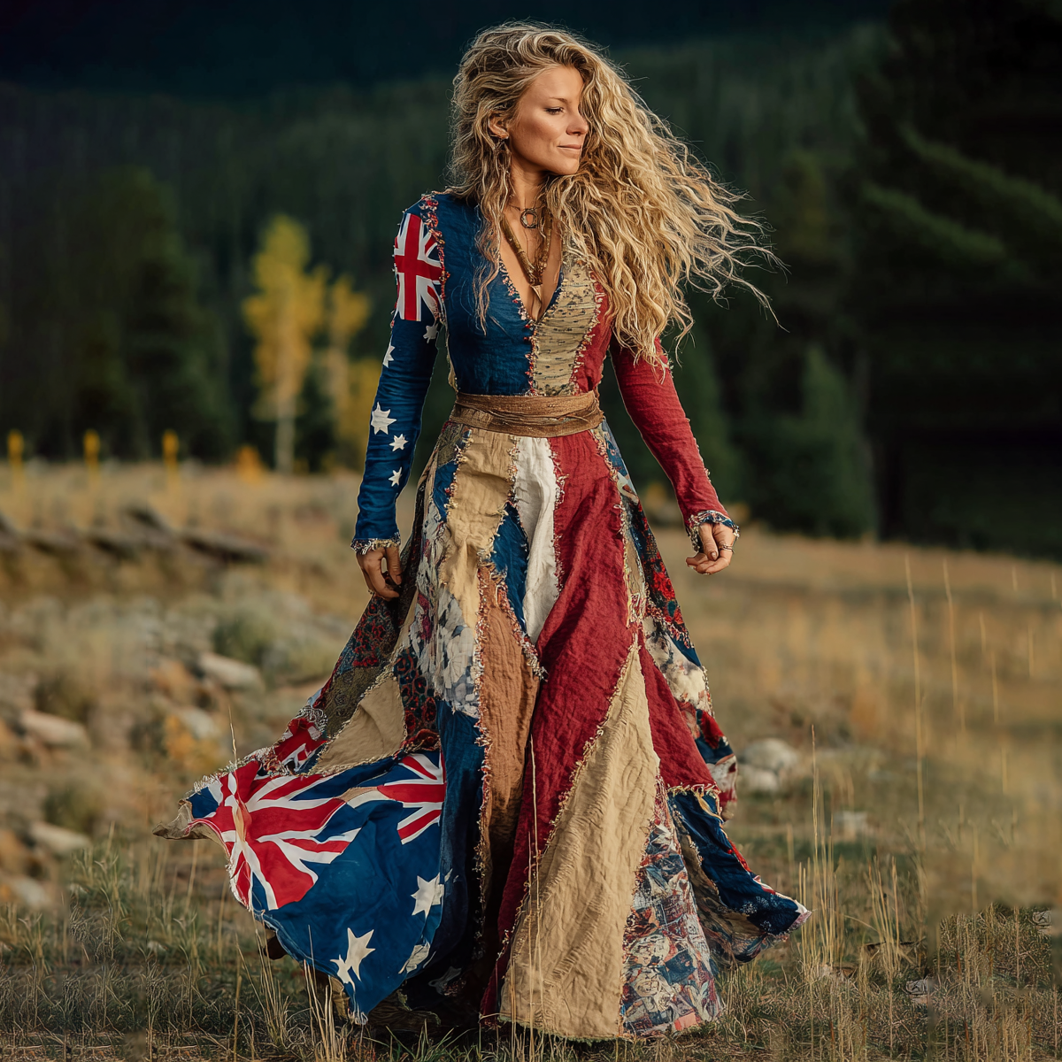 Women's Australian Flag Floral Patchwork Art Comfy Linen V-neck Dress elevenforest