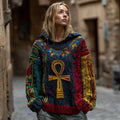 Comstylish Women's Vintage Ancient Egyptian Ankh Art Contrast Knit Hooded Sweater