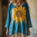 Boho Sunflower Embroidered Flowy Linen Tunic elevenforest