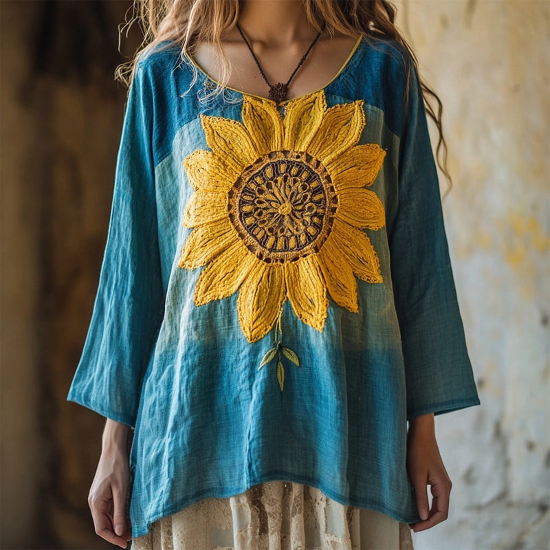 Boho Sunflower Embroidered Flowy Linen Tunic elevenforest
