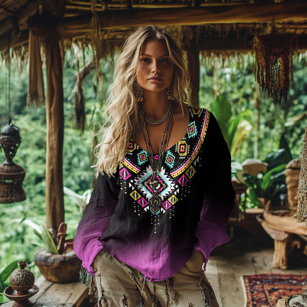 Comstylish Retro Bohemian Resort Ethnic Gradient Pattern Art Embroidery Cotton And Linen Blend Loose Blouse