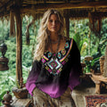 Retro Bohemian Resort Ethnic Gradient Pattern Art Embroidery Cotton And Linen Blend Loose Blouse elevenforest