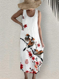 Cute Birds& Plum Blossom Linen Blend Midi Dress elevenforest