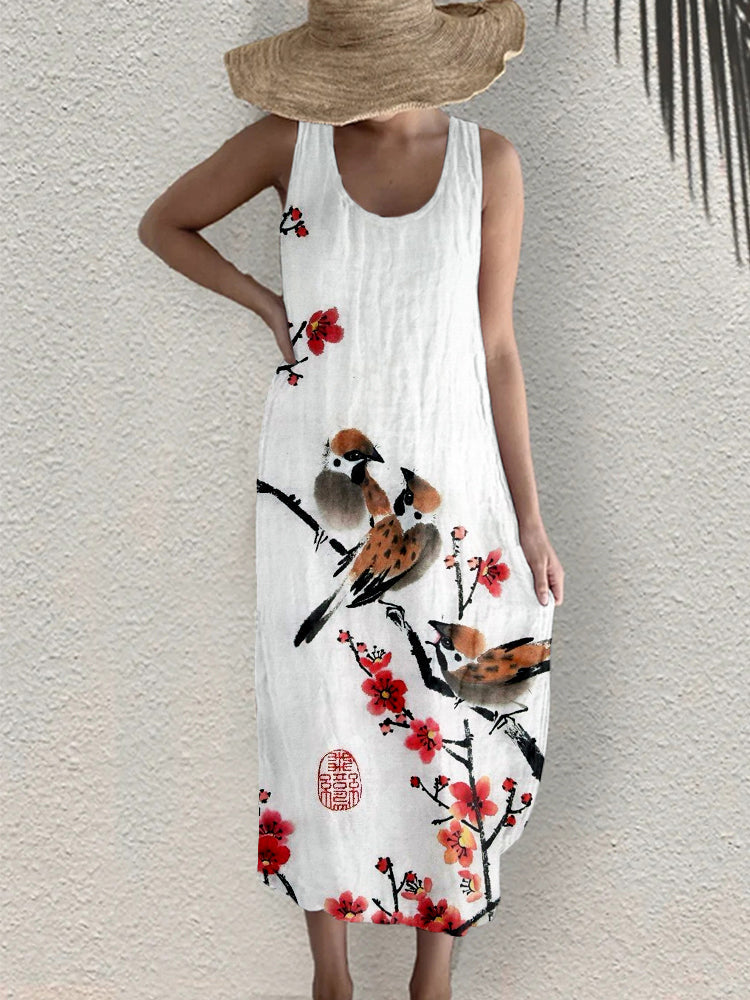 Cute Birds& Plum Blossom Linen Blend Midi Dress elevenforest