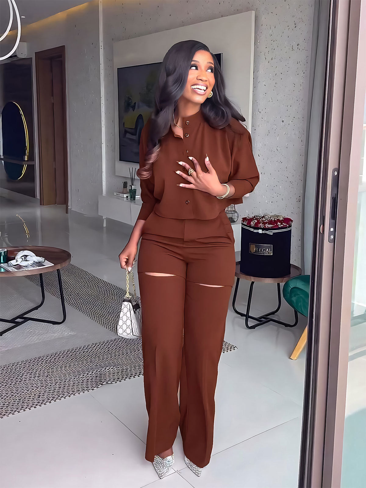 Long Sleeved Cardigan Short Top Suit With High Waist Trousers Two Piece Set