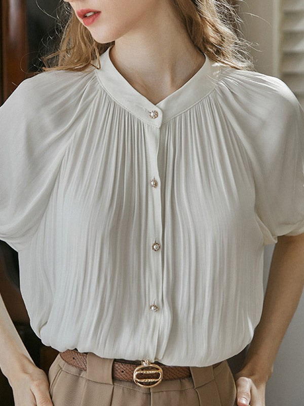 Loose Puff Sleeves Buttoned Pleated Round-neck Blouses&shirts Tops