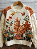 Orange Cat Fall Floral Embroidered Cozy Knit Sweater elevenforest