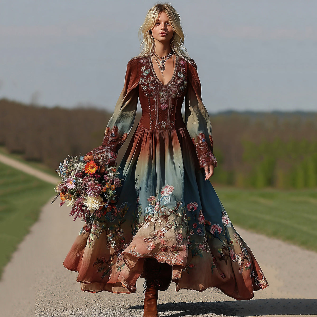 Retro Boho Linen Ethnic Art Loose Maxi Dress elevenforest