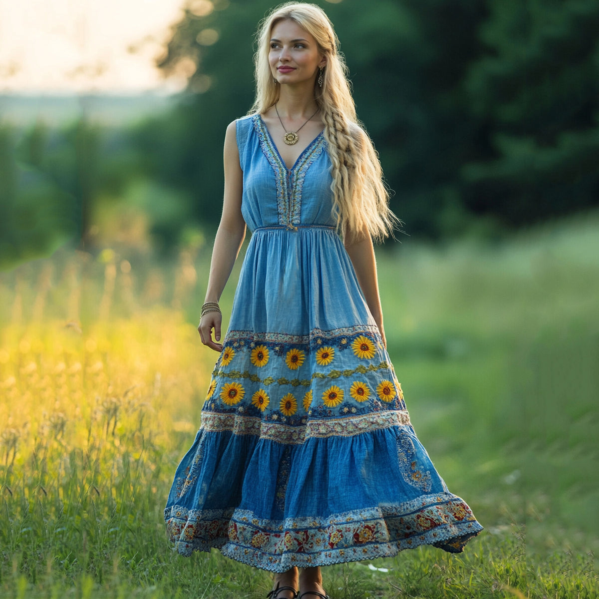 Vintage Sunflowers Floral Embroidered Art Linen Tank Dress elevenforest