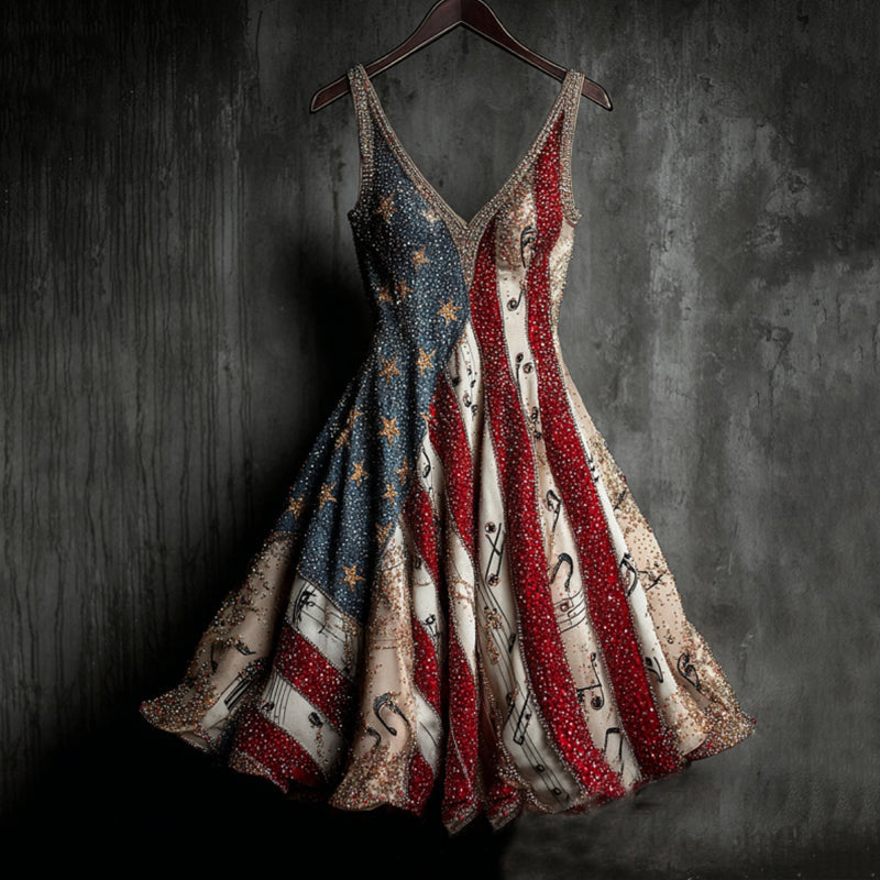 Vintage Sequin Music Notes And Flag Art Midi Dress elevenforest