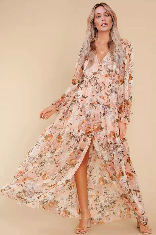 Puff Sleeve V-neck Ruffle Hem Maxi Dress