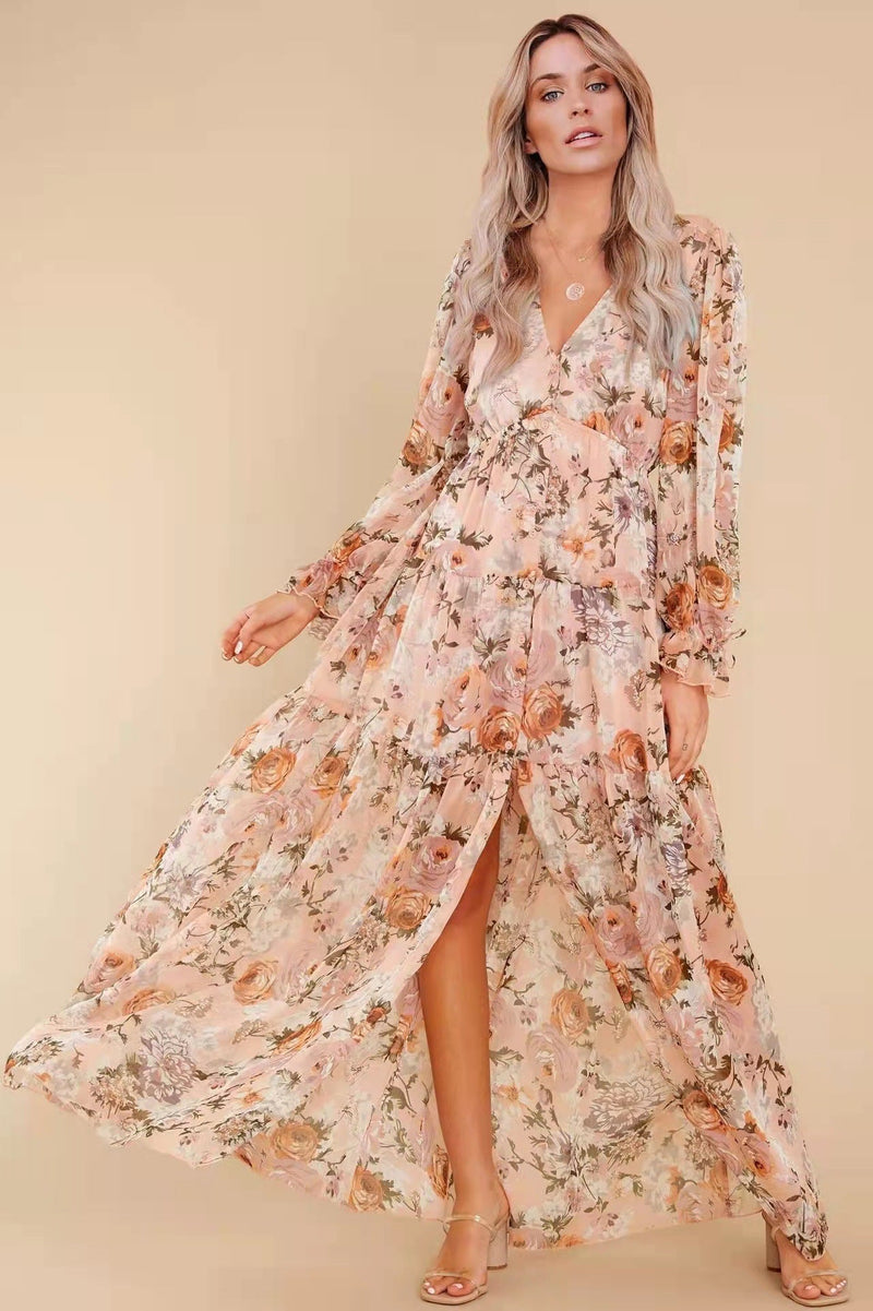 Puff Sleeve V-neck Ruffle Hem Maxi Dress