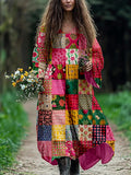 Bohemian Patchwork Art Pattern Flowy Linen Dress elevenforest
