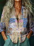 Women's Hippie Art Floral Patchwork Print V-Neck Shirt
