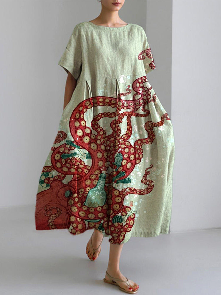 Ocean Octopus Japanese Art Linen Blend Casual Dress elevenforest