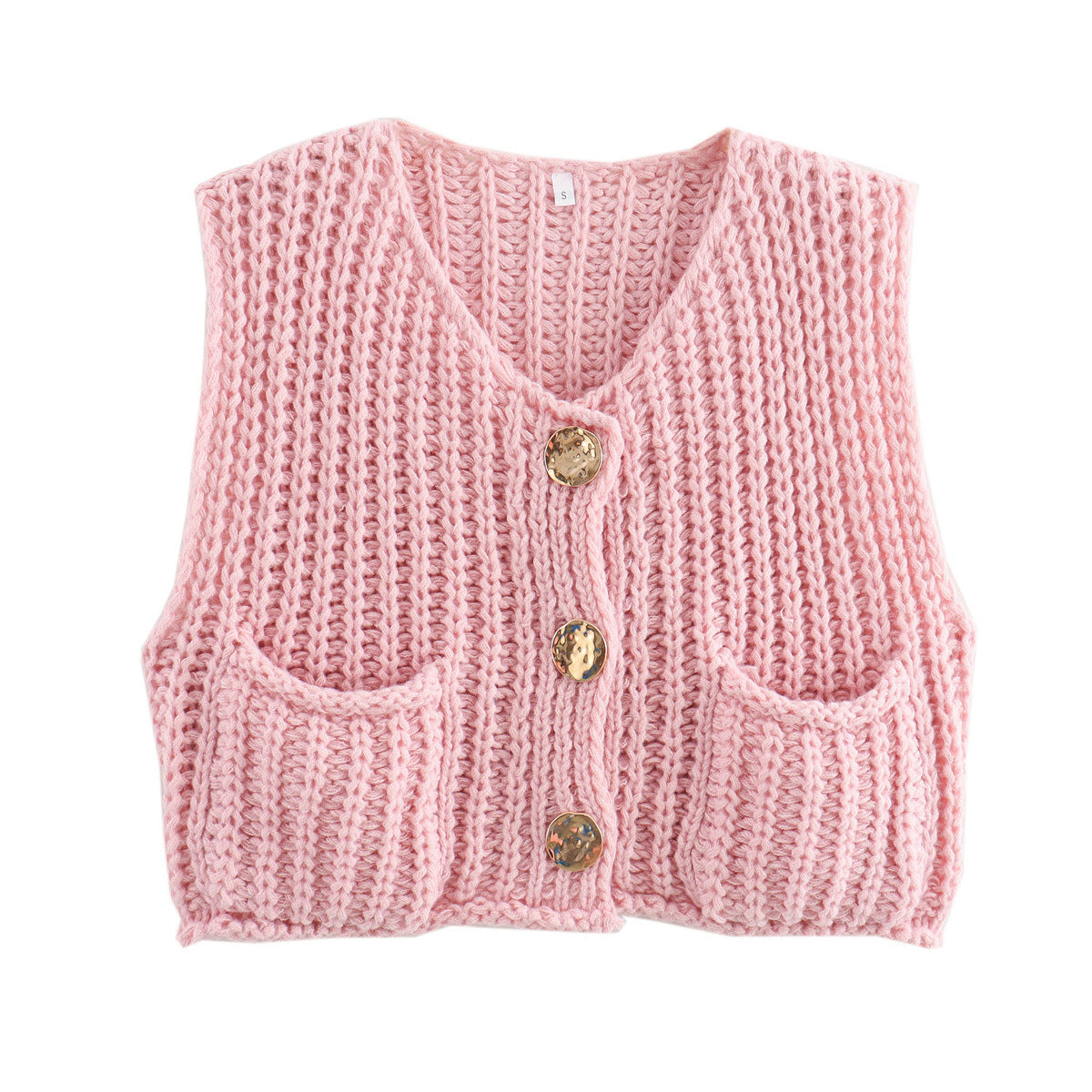 Large Buttons Color Knit Vest Cardigan