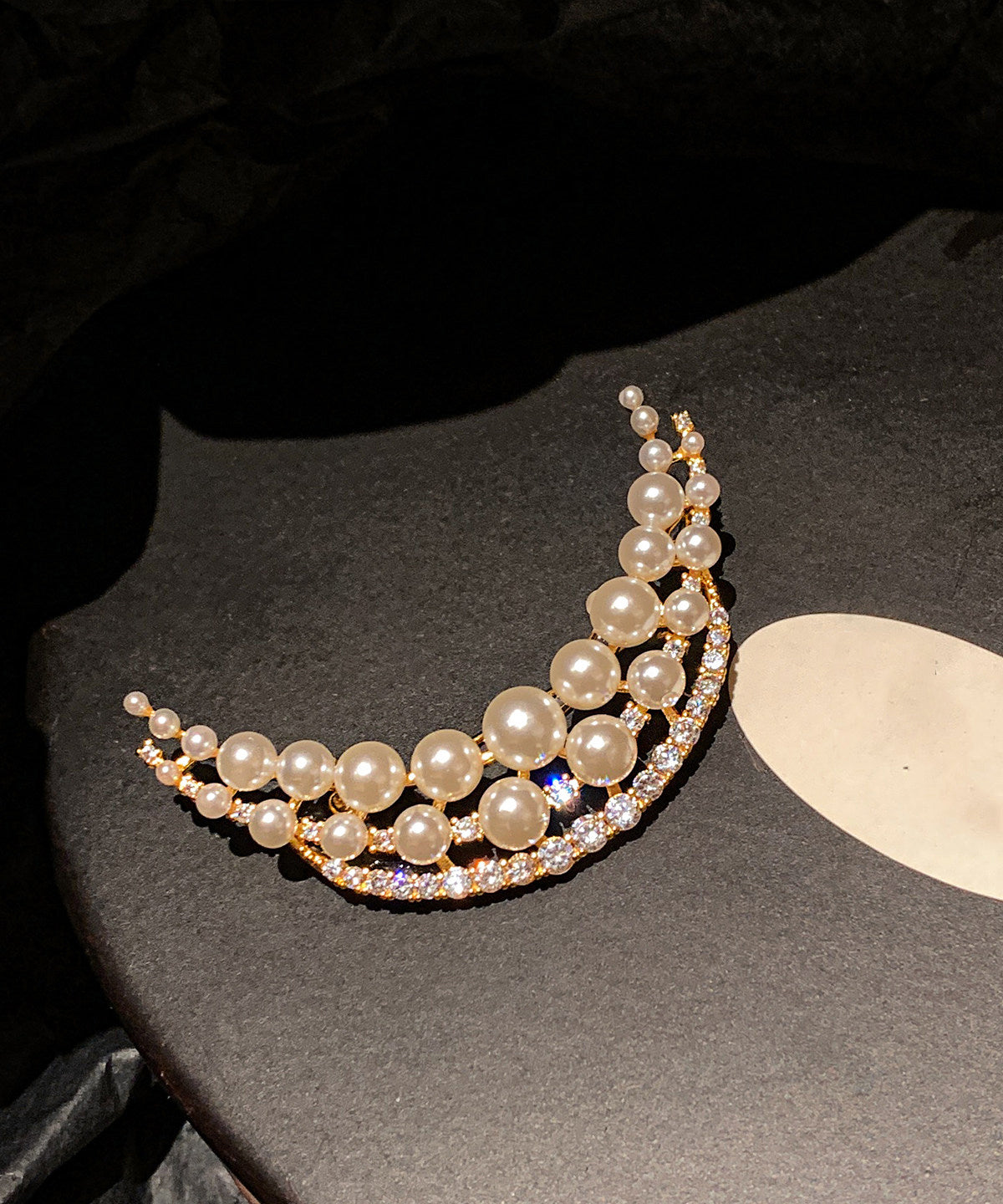 White Pearl Moon Shaped Fine Zircon Brooch