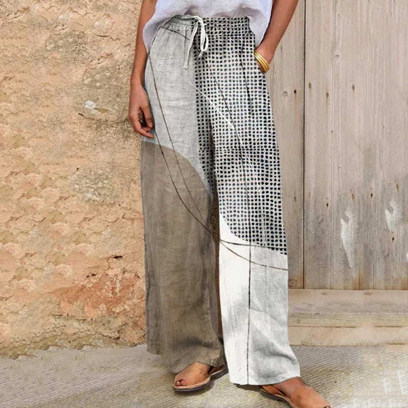 Comstylish Women's Vintage Geometric Print Linen Wide Leg Pants