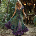 Women's Vintage Floral Gradient V-neck Short Sleeves Maxi Dress elevenforest