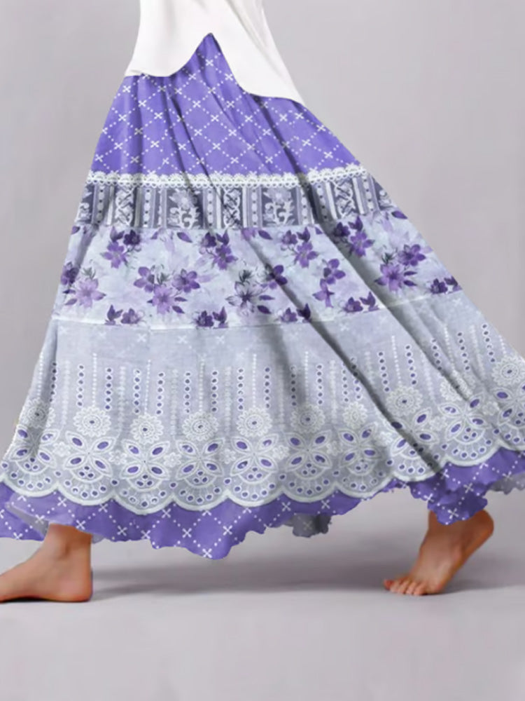 Women's Retro Casual Purple Floral Splicing Skirt elevenforest