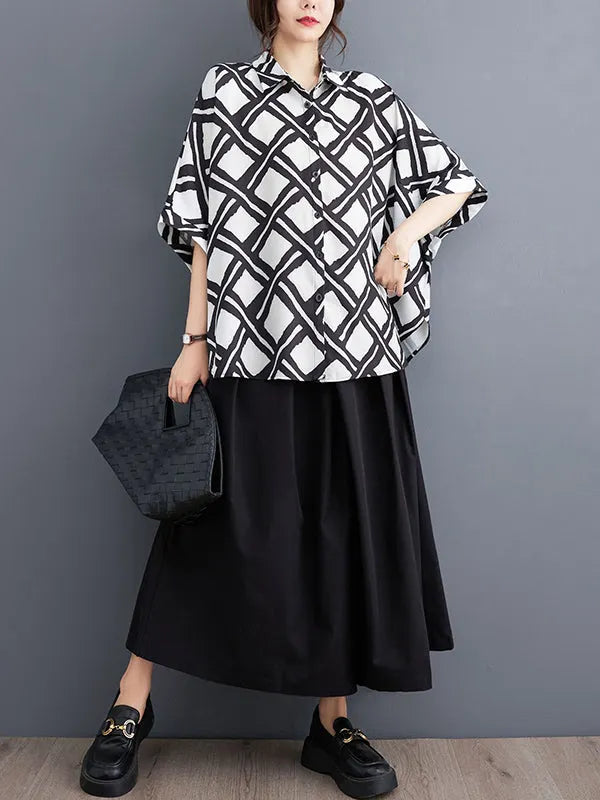 Batwing Sleeves High-low Buttoned Plaid Printed Lapel Blouses&shirts Tops