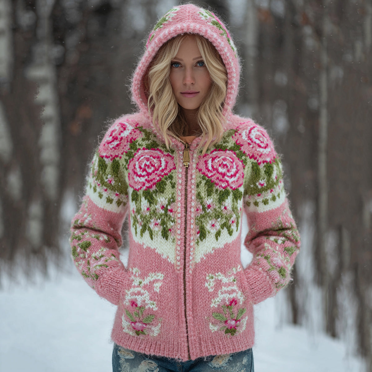 Comstylish Women's Boho Rose Floral Art Pattern Knit Zip-up Sweater