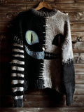 Comstylish Halloween Spooky Smiling Cat Face Contrast Stitched Knit Sweater