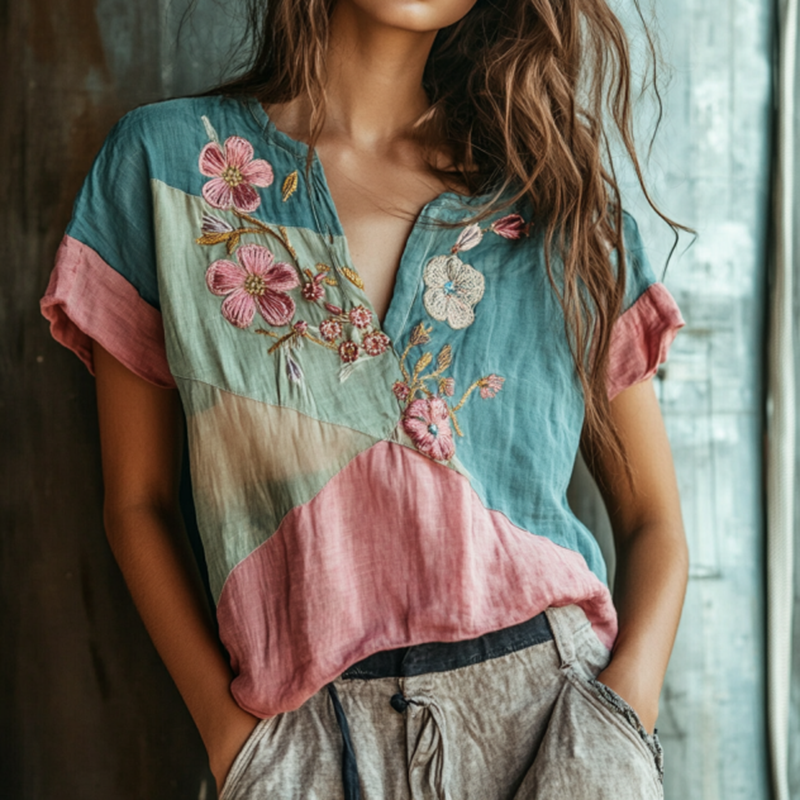 Women's Floral Blue And Pink Embroidery V Neck Casual Linen Top elevenforest