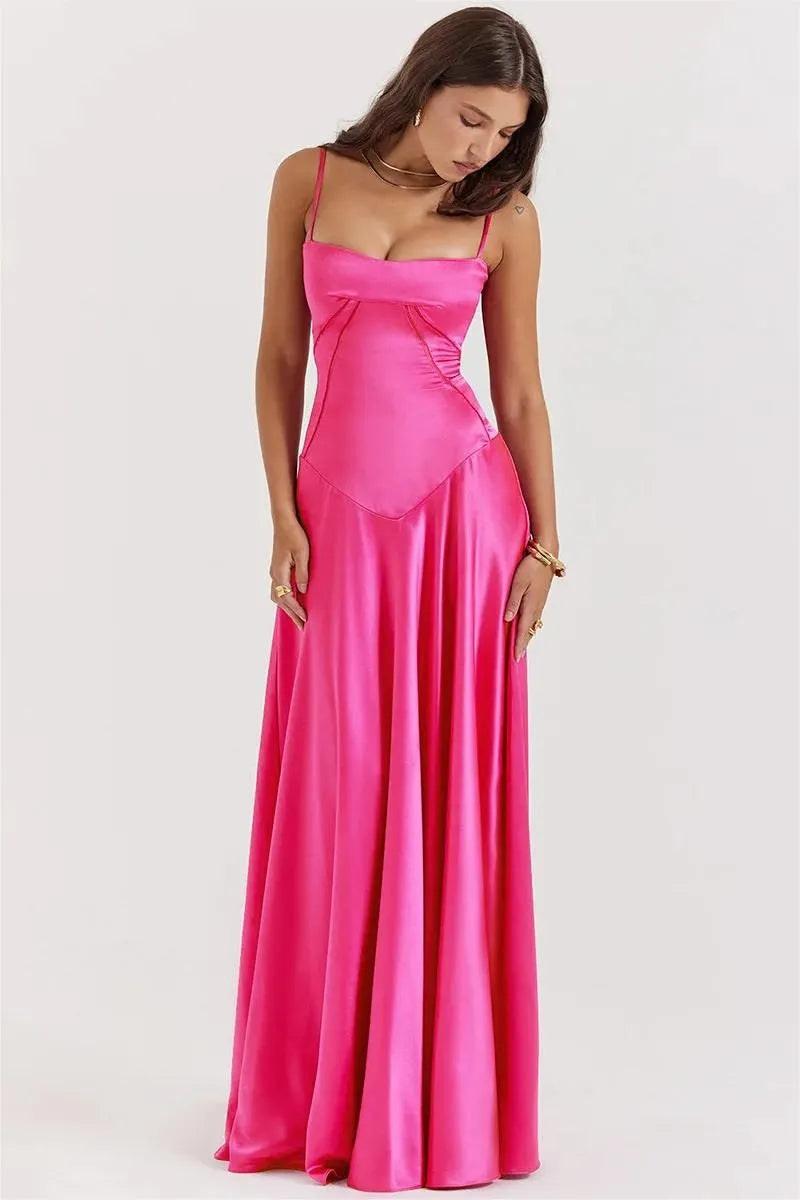 Satin Lace Up Maxi Dress Fuchsia