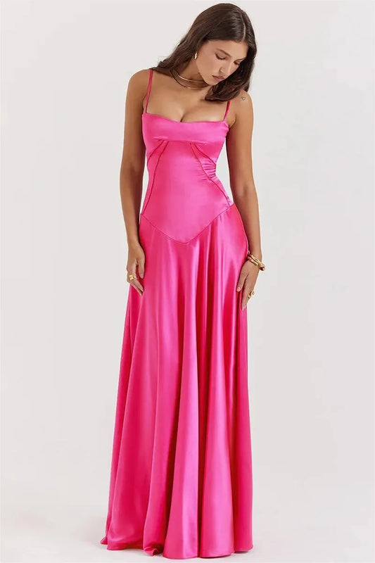 Satin Lace Up Maxi Dress Fuchsia