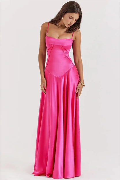 Satin Lace Up Maxi Dress Fuchsia