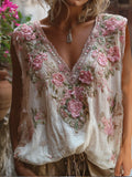 Bohemian Three-dimensional Pink Floral Sequin Sleeveless Top elevenforest